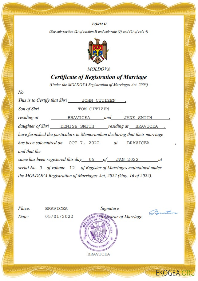 Modèle Word et PDF d'acte de mariage en Moldavie